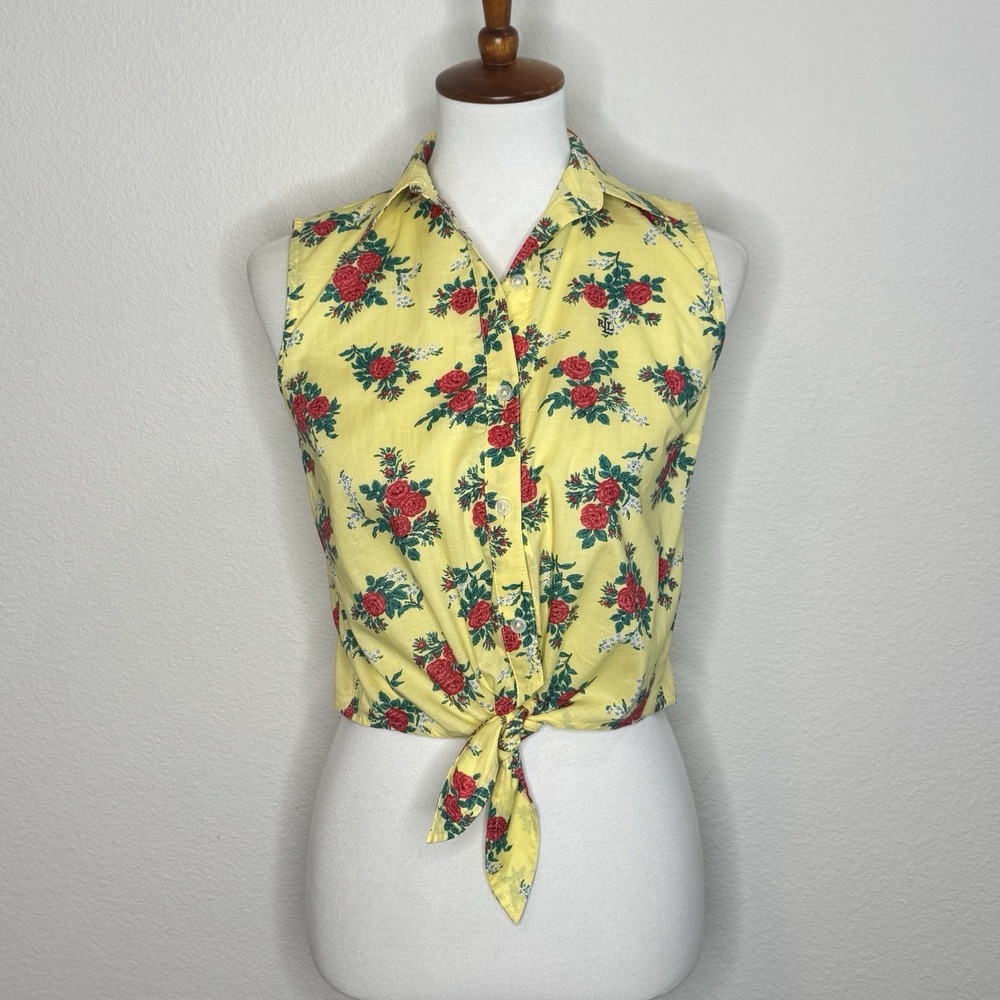 LAUREN RALPH LAUREN Sleeveless Blouse Petite SMALL Yellow Red‎ Roses Y2K Vintage